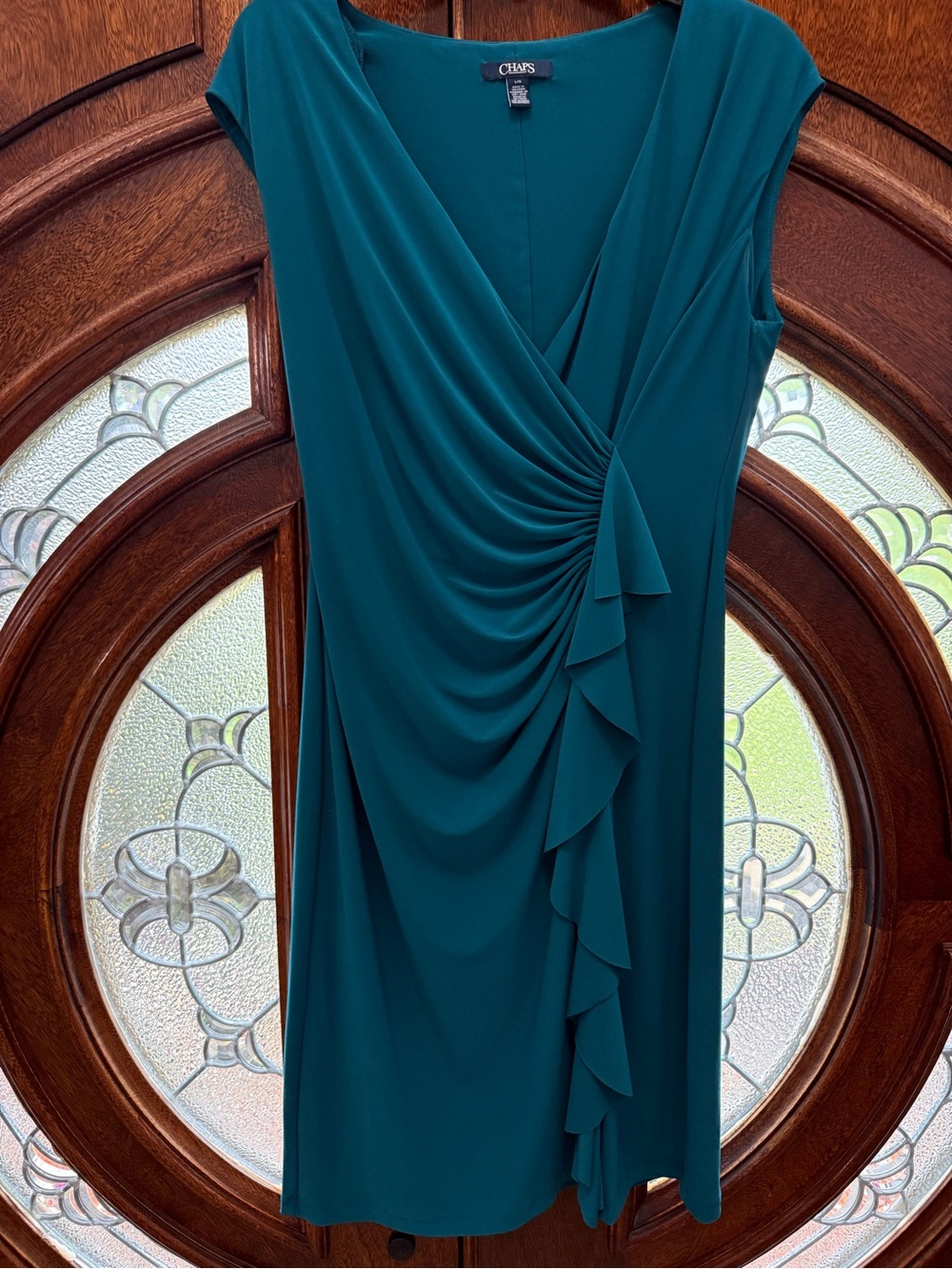 Chaps Teal Sleeveless Draped Ruffle V-Neck Dress
